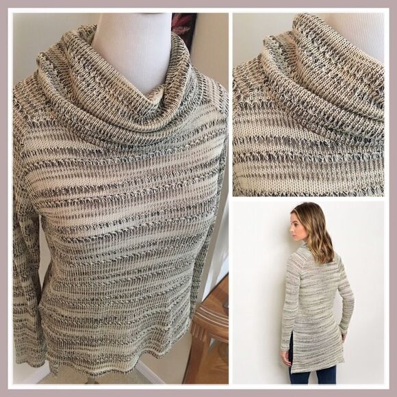 Neutral Beige and Gray Multi Lightweight High Low Hem Long Sleeve Turtleneck - Picture 3 of 4